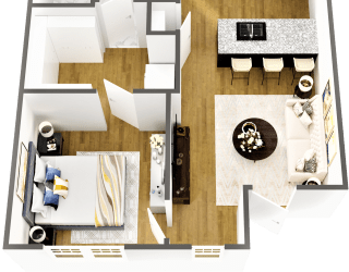 a 3d rendering of a 1 bedroom apartment with a living room and dining room