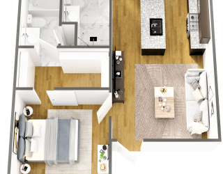 a sq. ft. apartment with a bathroom and living room