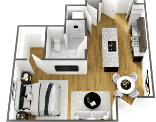 a bedroom with a bed and a chair in a room