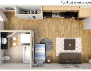 a rendering of a living room with a fireplace