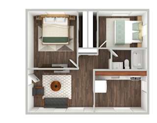 A top down view of a small apartment with a bed, desk, and kitchen area.