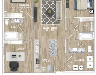 A detailed layout of a house floor plan including a living room, kitchen, and two bedrooms.