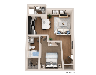 a 3d floor plan of a bedroom with a bathroom and a living room