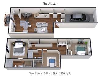 A floor plan of a 3 bedroom, 2.5 bath townhouse with a total area of 1250 square feet.