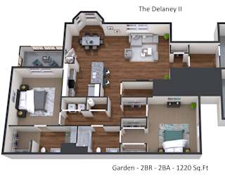 A floor plan of a two bedroom, two bathroom apartment with a garden.