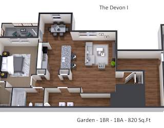 A 3D floor plan of a property called The Devon I, showing a garden area of 820 square feet.