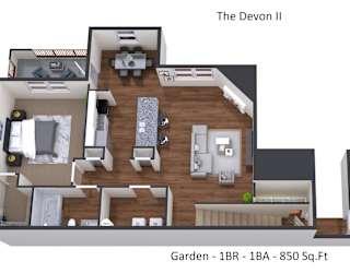 A 3D floor plan of a two-bedroom apartment named The Devon II with a garden area of 1BR - 1BA - 850 Sq.Ft.