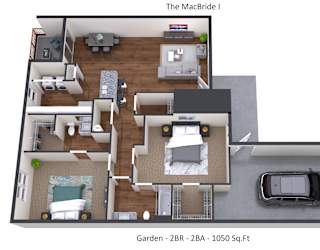 A 3D floor plan of a two bedroom apartment.