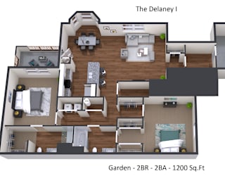 A floor plan of a house named The Delaney I with a garden area of 2BR - 2BA - 1200 Sq.Ft.