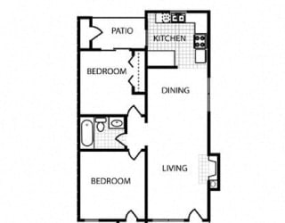 2 bed 1 bath floor plan at Overton Park Apartments, Dallas, 75216