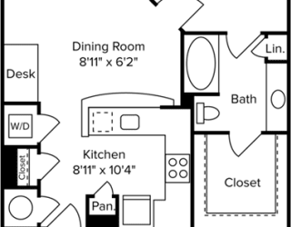 1 bedroom 1 bathroom floor plan F at Arlo Buffalo Heights, Houston, TX, 77007