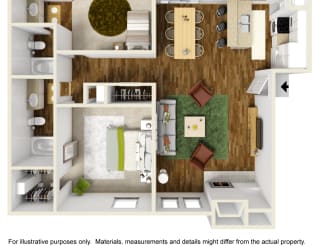 3D Furnished B2 floor plan, 2bed, 2bath, 944sqft. Montfort Crossing apartments in Dallas, TX