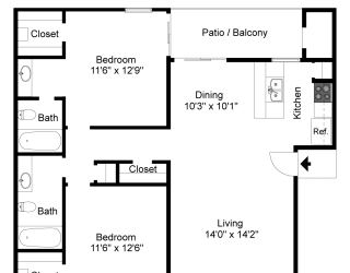 2D image of B2 floor plan, 2bed, 2bath, 944sqft. Montfort Crossing apartments in Dallas, TX