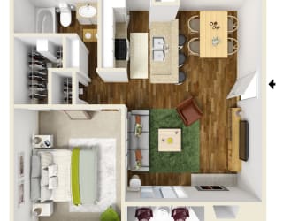 Montfort Crossing A2 floor plan 3D Furnished, 1 bed 1 bath and 609sqft. Apartments in Dallas TX.