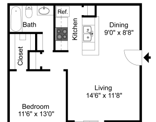 Montfort Crossing A2 floor plan 2D, 1 bed 1 bath and 609sqft. Apartments in Dallas TX.