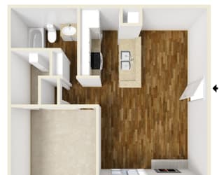 Montfort Crossing A2 floor plan 3D Unfurnished, 1 bed 1 bath and 609sqft. Apartments in Dallas TX.