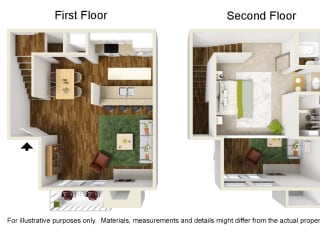 Montfort Crossing Apartments A3 floor plan, 3D Furnished, 1bed, 1bath and 688 sqft. Dallas, TX