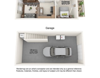1 bedroom 3 dimensional floorplan with garage