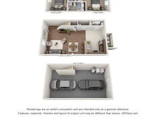 A 3D floorplan of the 3 bedroom layout at Pickens Bridge Village
