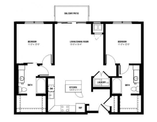 Lucent Floor Plan (2 beds, 2 baths, 1005-1044 sq.ft, rent $2,070-$2,110/month)