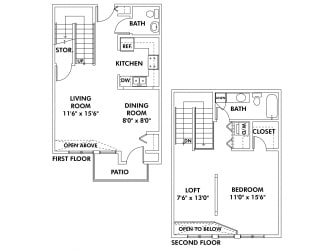 Floor Plan A1 - 1 Bedroom - Loft Townhome