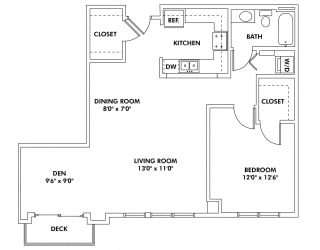 Floor Plan K2 - 1 Bedroom - Den Flat