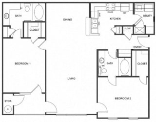 B2 (Traditional) Floor Plan at Island Park Apartments in Shreveport, Louisiana, LA