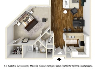 One Bedroom 1 bath A Floor Plan at Burton, Los Angeles, CA, 90048