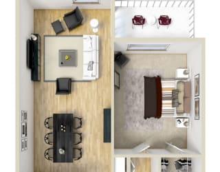 1 bed 1 bath floor plan at Meridian Apartments, Los Angeles, California