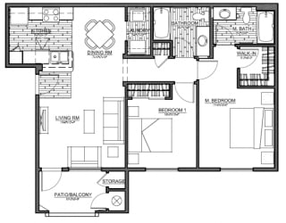 Boulder Pointe 2 Bedroom floor plan, 976 square