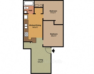 2 Bedroom, 1 Bathroom Floor plan at Sandstone Court Apartments, Indiana, 46142