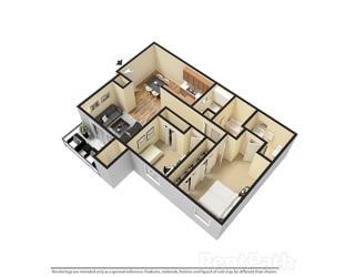 Two Bedroom 3D View Floor Plan at Walnut Creek Apartments, Indiana, 46902