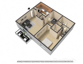 1 Bedroom 1.5 Bath 3D Floor Plan at Waterstone Place Apartments, Indiana