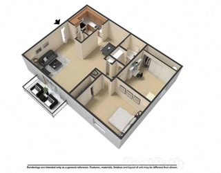 2 Bedroom 1 Bath 3D Floor Plan at Waterstone Place Apartments, Indiana, 46229