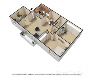 2 Bedroom 1 Bath Plus Den 3D Floor Plan at Waterstone Place Apartments, Indianapolis, IN, 46229