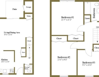 3 bedroom 1.5  bathroom Deertree floor plan at Seven Oaks Townhomes in Edgewood, MD