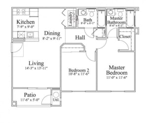 2 Bedroom 2 Bath Floor Plan, 1,016 square feet with patio
