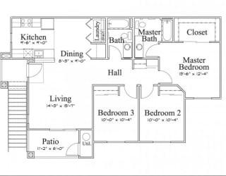3 Bedroom 2 Bath Floor Plan, 1,181 square feet with patio