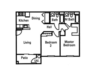 2 Bedroom 2 Bath floor plan, 933 square feet with patio
