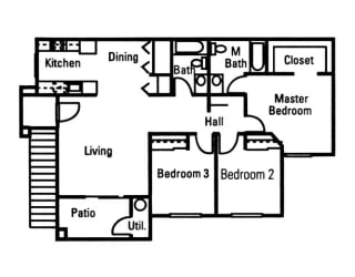 3 Bedroom 2 Bath floor plan, 1,148 square feet with patio