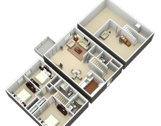 3D 3 bedroom floorplan at Madison Rockwood, Ballwin, MO