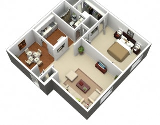 3D 1 bedroom floorplan at Madison Rockwood, Ballwin, MO