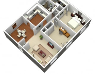 3D 1 bedroom floorplan at Madison Rockwood, Ballwin