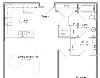 One bedroom layout-Azalea floor plan for rent at WH Flats in South Lincoln NE