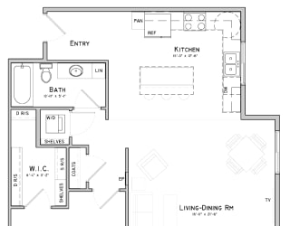 One bedroom layout-Mimosa floor plan for rent at WH Flats in South Lincoln NE