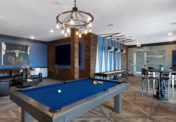 indoor clubroom with blue pool table