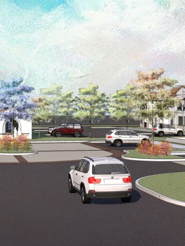 Rendering of entrance to community with signs