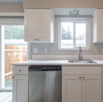 a kitchen with a sink a dishwasher and a window