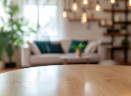 A wooden table top with a blurred living room in the background.