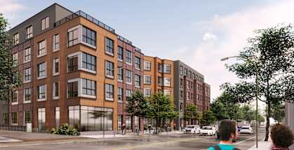 a rendering of a large apartment building on a city street